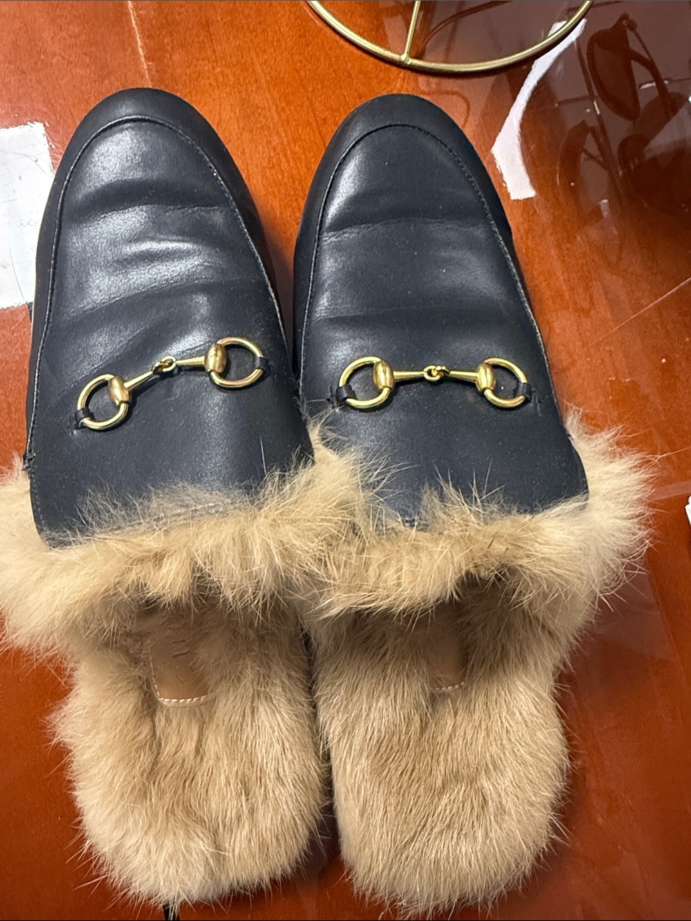 Gucci Black Leather Fur-Lined Horsebit Mules with Gold Hardware